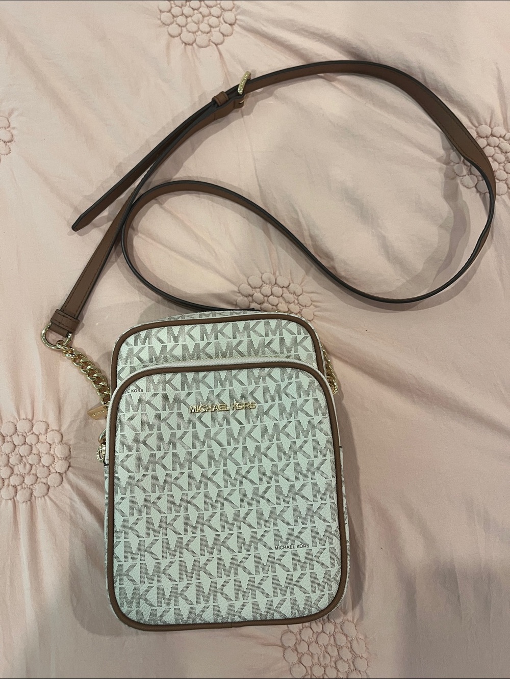 Michael Kors Beige and Brown MK Logo Crossbody Bag